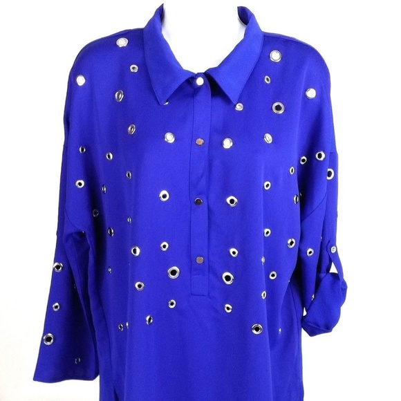 Alberto Makali Blue 3/4 Sleeve Grommet Embellished 2-Piece Tunic Top Set Women L - Picture 2 of 15